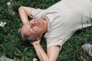 Portrait eins entspannt liegenden Mannes auf der grünen Blumenwiese